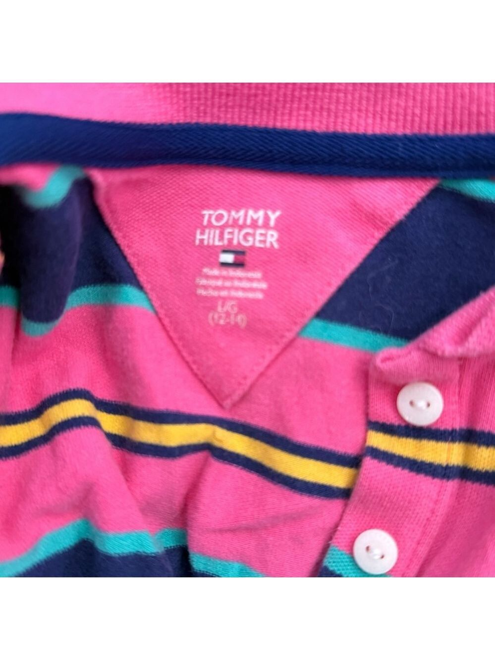 Tommy Hilfiger Girls Polo Shirt Large Pink Navy Stripes Cotton - Picture 4 of 4